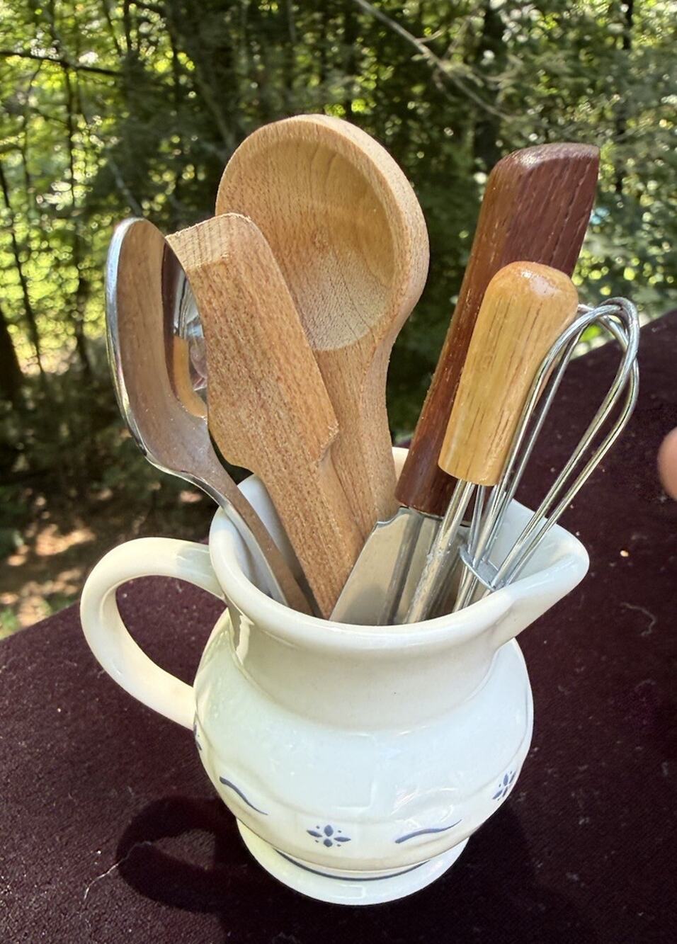 Longaberger MINI Pottery MILK PITCHER W Miniature UTENSILS set Exclusive Mint!